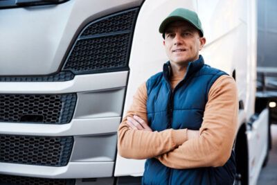 A fleet driver stands happily in front of his truck.