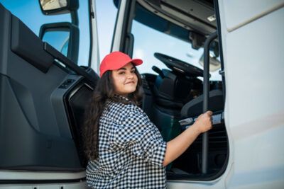 A truck driver climbs into the cab of her semi-truck.