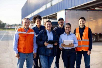 A happy group of fleet drivers stand with their owner outside their warehouse.