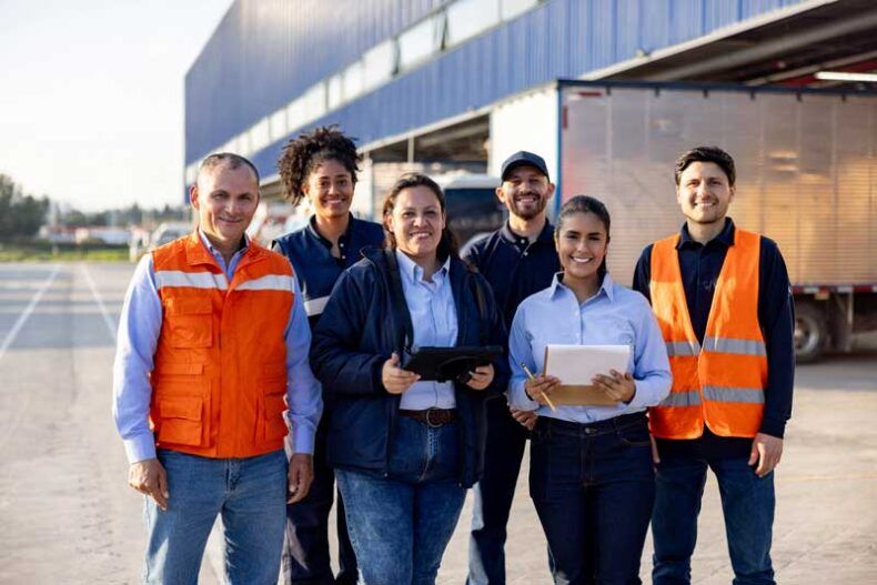 A happy group of fleet drivers stand with their owner outside their warehouse.